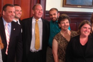 Governor Christie with TCNJ Woodrow Wilson Teaching Fellows Kevin Rutz (immediately right of Christie) and Lindsay Steirer-Taylor, front right.