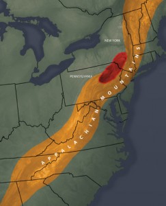 Benoit's team found that a dense block of volcanic rock forces the Appalachian Mountains to bend to the east through Pennsylvania, New Jersey, and New York. Photo: University of Rochester