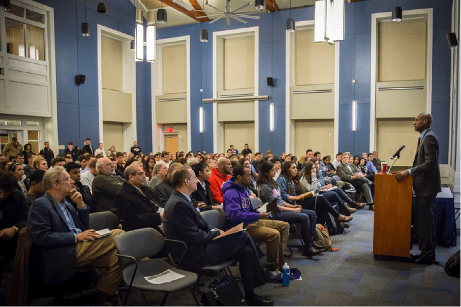 Blow drew a full house to the March 24 event, hosted by TCNJ’s Office of Institutional Diversity, the School of Humanities and Social Sciences, and a number of academic departments. Photos by Lynne DeLade