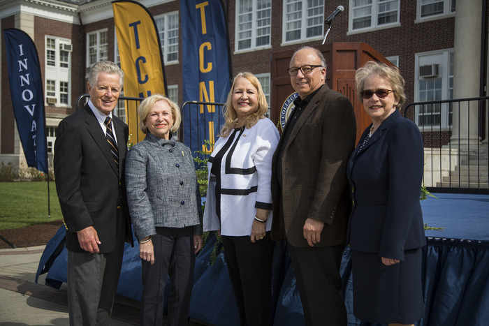 Former New Jersey Gov. Jim Florio ’62, campaign co-chair Barbara Meyers Pelson ’59, steering committee member Terri Martinac ’72, ’73, and campaign co-chair Allen Silk stand with President Gitenstein post-launch.