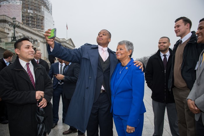 John Felder ’17 snaps a selfie with U.S. Rep. Bonnie Watson Coleman (D-NJ, 12th Dist.)