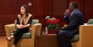 MSNBC's Whitehouse Correspondent Hallie Jackson sitting with Dean Hall in Mayo Concert Hall.