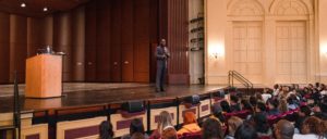 Yusef Salaam speaking to a packed Kendall Hall.